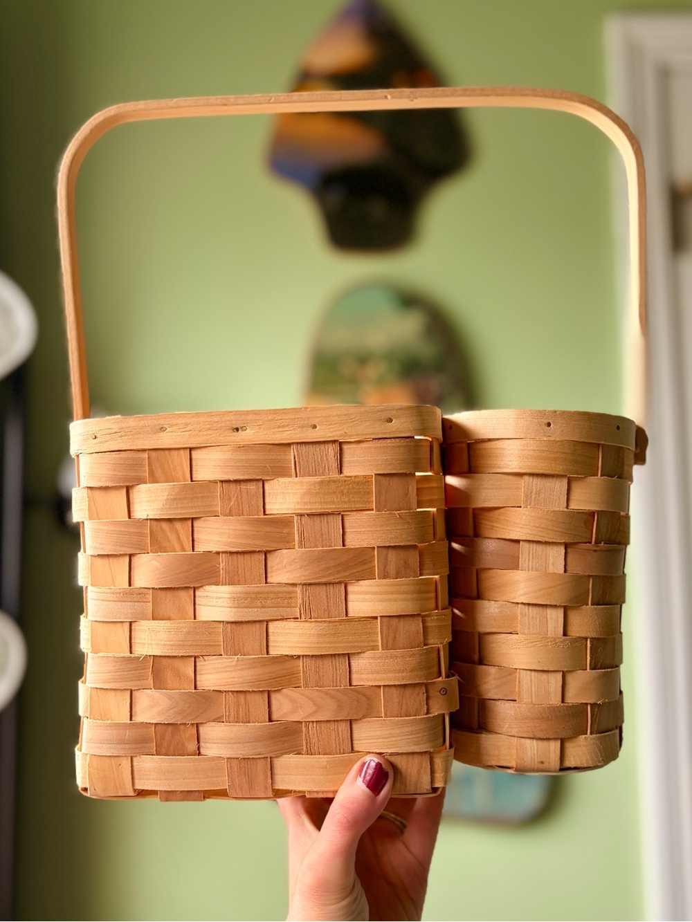 Woven Double Compartment Basket With Handles Natural Brown Vintage Cottagecore